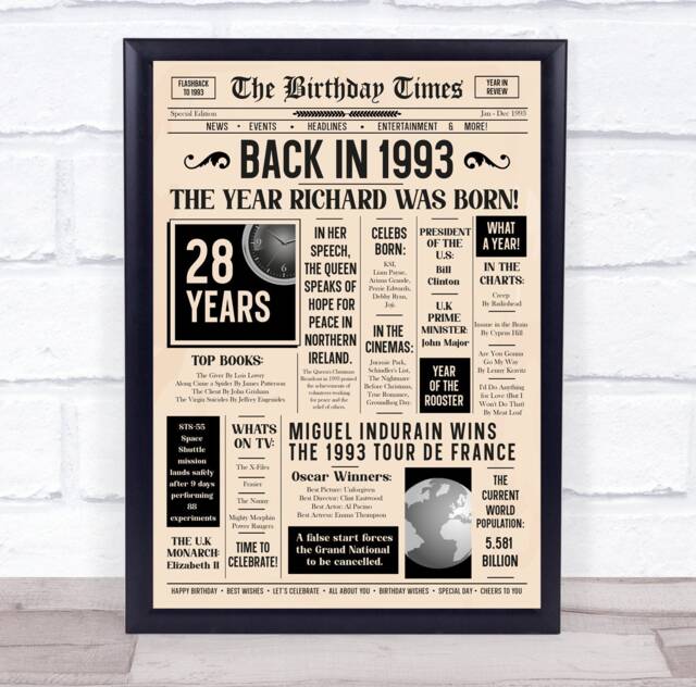 1993 Newspaper Any Age Year You Were Born Birthday Facts Personalised Gift Print - image 1