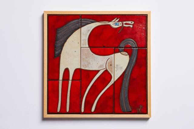 Hand-Painted White Horse Ceramic Tile Wall Art, Framed Equestrian Decor - image 1