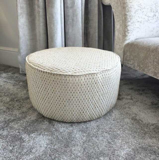 Drum Style Stool Footstool Newly Reupholstered in A Woven Fabric With Geometric Pattern - image 1