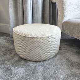 Drum Style Stool Footstool Newly Reupholstered in A Woven Fabric With Geometric Pattern