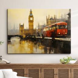 London England Big Ben Tower Red Bus Landmark Oil Painting Style Wall Art Framed Calming Canvas Poster Print Home Office Room Decor Gifts - thumbnail 1