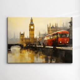 London England Big Ben Tower Red Bus Landmark Oil Painting Style Wall Art Framed Calming Canvas Poster Print Home Office Room Decor Gifts - thumbnail 3