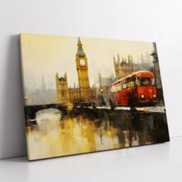 London England Big Ben Tower Red Bus Landmark Oil Painting Style Wall Art Framed Calming Canvas Poster Print Home Office Room Decor Gifts - thumbnail 2