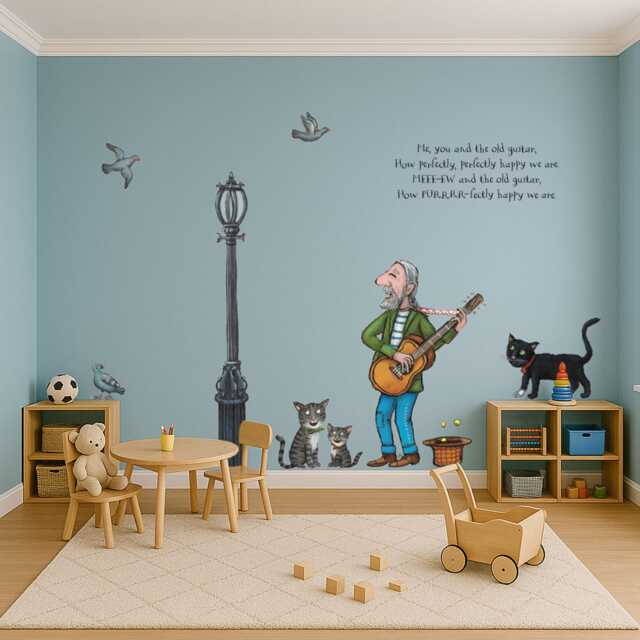 Tabby Mctat Wall Stickers - Large Cat Scene With Fred The Busker, Cats & Pigeons Julia Donaldson Nursery Child's Bedroom Art - image 1
