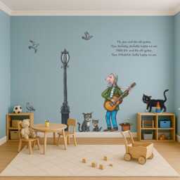 Tabby Mctat Wall Stickers - Large Cat Scene With Fred The Busker, Cats & Pigeons Julia Donaldson Nursery Child's Bedroom Art - thumbnail 1