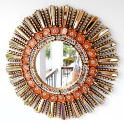 Peruvian Orange Sunburst Mirror 60 cm Handmade Wall Decor - Carved Wood Round Statement For Living Room Bathroom Entryway - thumbnail 1