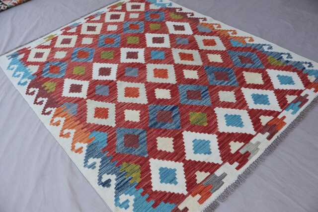 5x6'5 Ft Kilim Rug, Geometric Afghan Flatweave Boho Wool Handmade Oriental Tribal Turkmen Bedroom, Office Rug - image 1