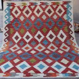 5x6'5 Ft Kilim Rug, Geometric Afghan Flatweave Boho Wool Handmade Oriental Tribal Turkmen Bedroom, Office Rug - thumbnail 2