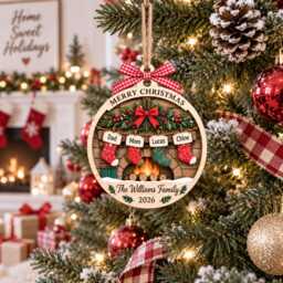 Personalized Family Christmas Ornament, Custom Name Stocking Wood Fireplace Keepsake, 2026 Tree Gift - thumbnail 3