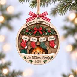 Personalized Family Christmas Ornament, Custom Name Stocking Wood Fireplace Keepsake, 2026 Tree Gift - thumbnail 1