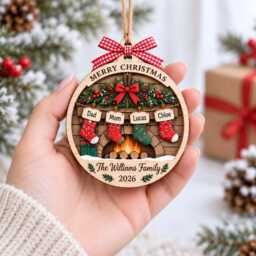 Personalized Family Christmas Ornament, Custom Name Stocking Wood Fireplace Keepsake, 2026 Tree Gift - thumbnail 2