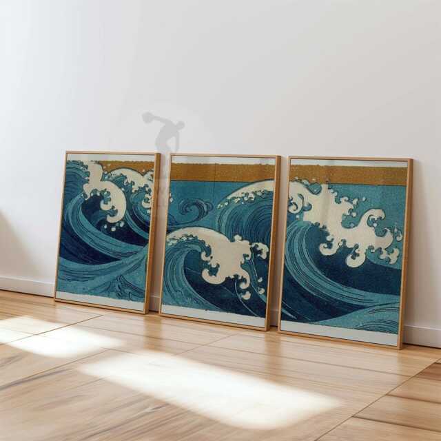 Ocean Wave Wall Art Set Of 3 - Japanese Print in Blue & Gold Modern Coastal Artwork Elegant Nautical Decor - image 1