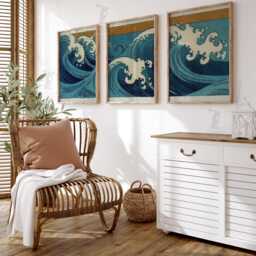 Ocean Wave Wall Art Set Of 3 - Japanese Print in Blue & Gold Modern Coastal Artwork Elegant Nautical Decor - thumbnail 2