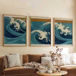 Ocean Wave Wall Art Set Of 3 - Japanese Print in Blue & Gold Modern Coastal Artwork Elegant Nautical Decor - thumbnail 3