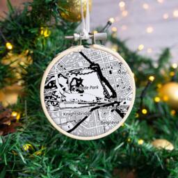Map Christmas Tree Bauble Decoration With Special Location in Black & White. Hanging Xmas Ornament Dec Embroidery Hoop
