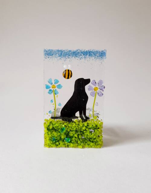 Fused Glass Tea Light Holder With A Labrador Flowers & Bee Personalised Gift Handmade Dog Lover Pet - image 1
