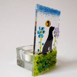 Fused Glass Tea Light Holder With A Labrador Flowers & Bee Personalised Gift Handmade Dog Lover Pet - thumbnail 3