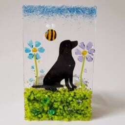 Fused Glass Tea Light Holder With A Labrador Flowers & Bee Personalised Gift Handmade Dog Lover Pet - thumbnail 2