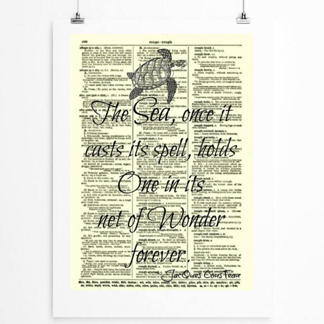 The Sea, Once It Casts Its Spell, Jacques Cousteau Quote On Antique Page, Sea Turtle Artwork, Coastal Wall Decor, Dorm Decor Art Print - image 1