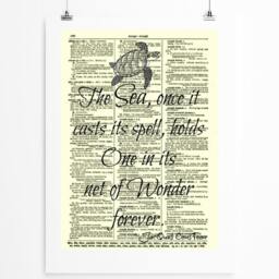 The Sea, Once It Casts Its Spell, Jacques Cousteau Quote On Antique Page, Sea Turtle Artwork, Coastal Wall Decor, Dorm Decor Art Print - thumbnail 1