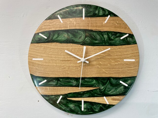 English Oak & Dark Green Pearlescent Resin Wall Clock, , Modern Clock, Abstract Unusual Clocks, Unique Clocks - image 1