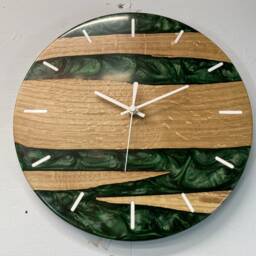 English Oak & Dark Green Pearlescent Resin Wall Clock, , Modern Clock, Abstract Unusual Clocks, Unique Clocks - thumbnail 4
