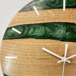 English Oak & Dark Green Pearlescent Resin Wall Clock, , Modern Clock, Abstract Unusual Clocks, Unique Clocks - thumbnail 3