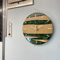 English Oak & Dark Green Pearlescent Resin Wall Clock, , Modern Clock, Abstract Unusual Clocks, Unique Clocks - thumbnail 2
