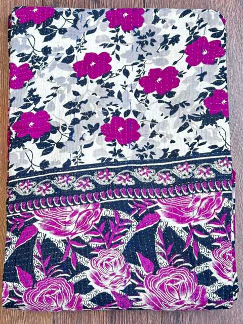 Vintage Handmade Kantha Stitch Sofa Throw - Beach Camper Van Quirky Colours Grey Purple Floral - image 1