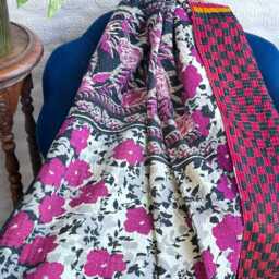 Vintage Handmade Kantha Stitch Sofa Throw - Beach Camper Van Quirky Colours Grey Purple Floral - thumbnail 3