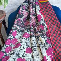 Vintage Handmade Kantha Stitch Sofa Throw - Beach Camper Van Quirky Colours Grey Purple Floral - thumbnail 4