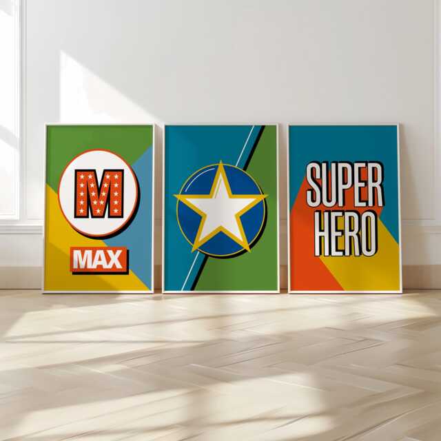 Boys Superhero Prints, Set Of 3, Boys Bedroom Decor, Personalised, Initial Print, Comic Retro Style, Playroom Wall Art, Cool Colourful Kids - image 1