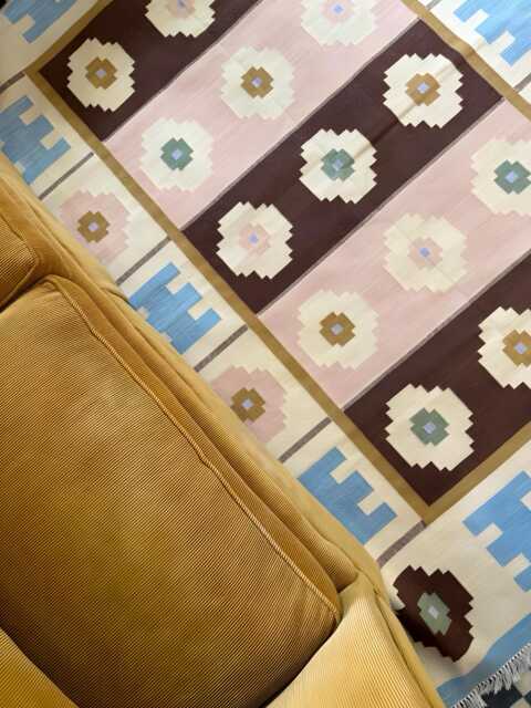 Sweet Handmade Cotton Area Flat Weave Rug. Natural Vegetable Dyed. Indian Dhurrie, Kilim