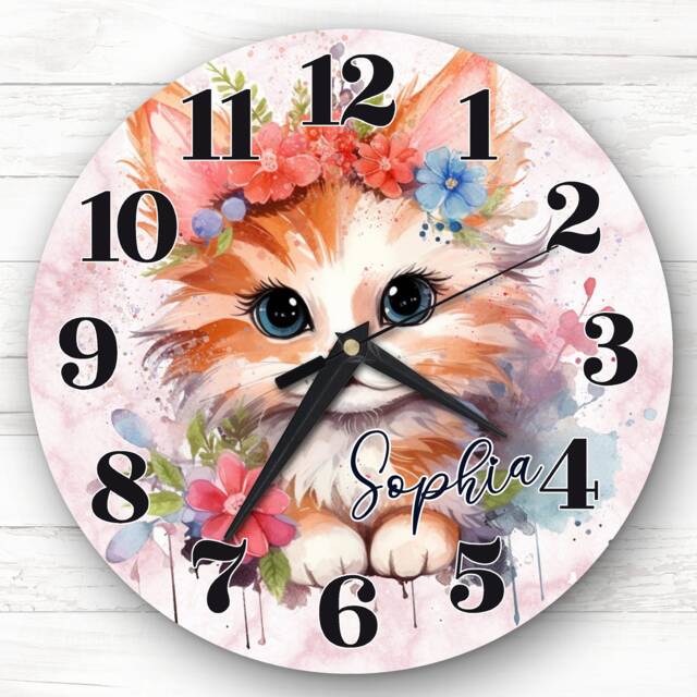 Watercolour Floral Cute Kitten Cat Girls Room Custom Gift Personalised Clock - image 1
