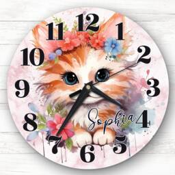 Watercolour Floral Cute Kitten Cat Girls Room Custom Gift Personalised Clock - thumbnail 1