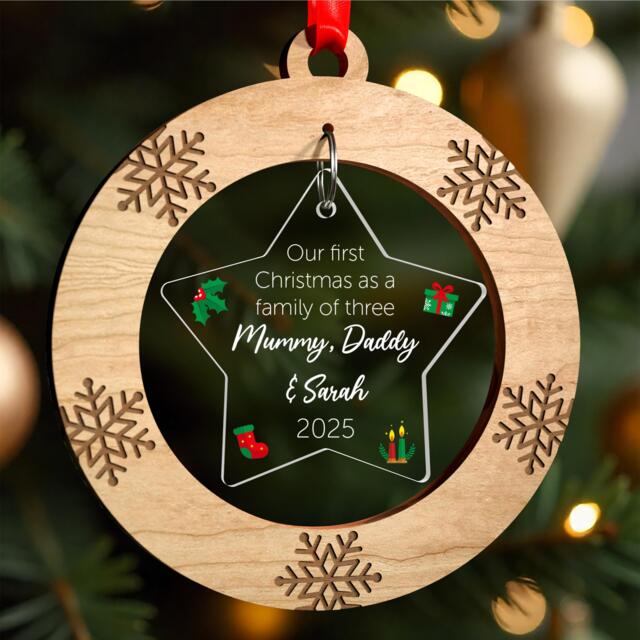 Mummy Daddy Baby Christmas Ornament, Personalised Family Of 3 Christmas, Babys First Bauble, New Gift, With Red Bag - image 1