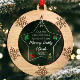 Mummy Daddy Baby Christmas Ornament, Personalised Family Of 3 Christmas, Babys First Bauble, New Gift, With Red Bag - thumbnail 2