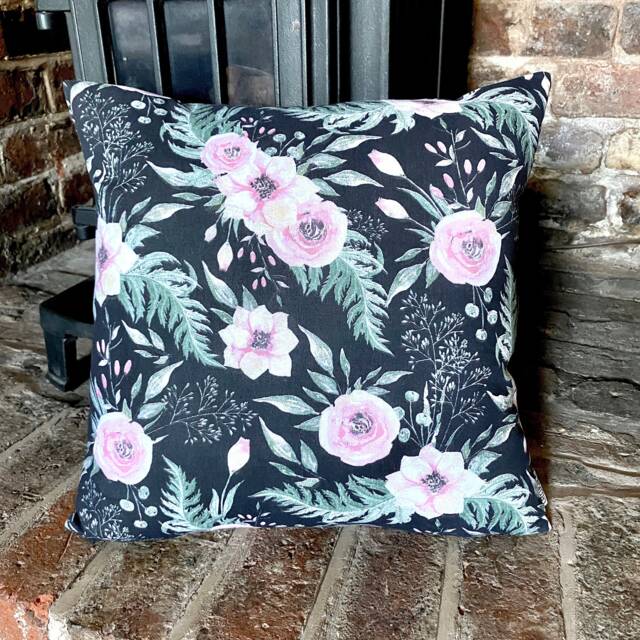 931. Handmade Roses On Black 100% Cotton Cushion Cover. Various Sizes