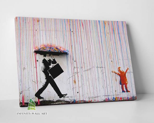 Banksy Coloured Rain Canvas Wall Art Print Framed Colourful Picture Home Decor -C567 - image 1