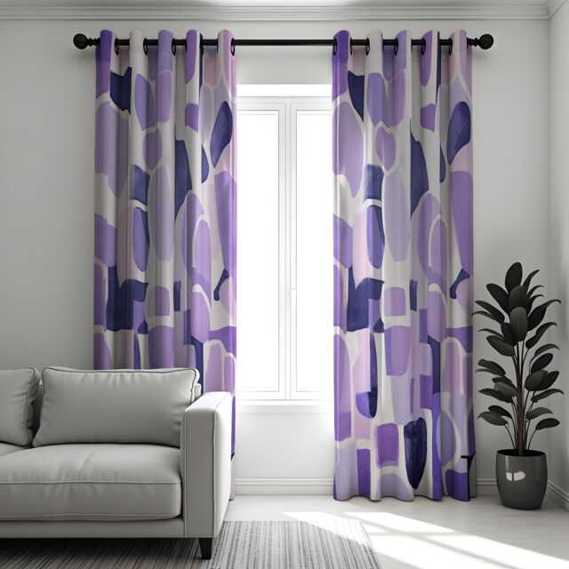 Purple Abstract Print Curtains, Modern Geometric Pattern Drapes, Contemporary Art Style Window Panels, Custom Made To Measure Home Decor - image 1