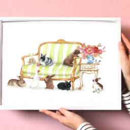 Bunny Rabbit Art Print Vintage Furniture Illustration, A3 Size - thumbnail 2