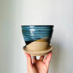 Handmade Ceramic Planter With Attached Water Plate - Black & Blue - thumbnail 3