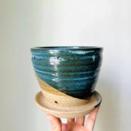 Handmade Ceramic Planter With Attached Water Plate - Black & Blue - thumbnail 2