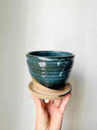 Handmade Ceramic Planter With Attached Water Plate - Black & Blue - thumbnail 1