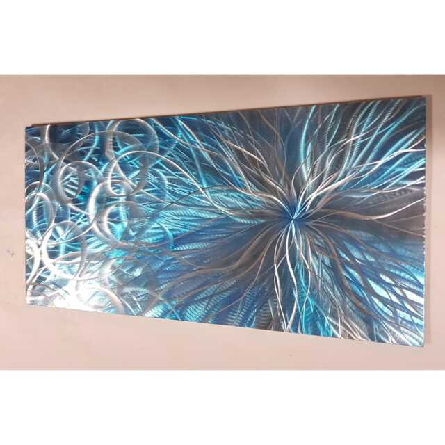 Abstract Modern Metal Wall Art, Teal, Blue, Grey & Silver, Indoor/Outdoor Decor - image 1