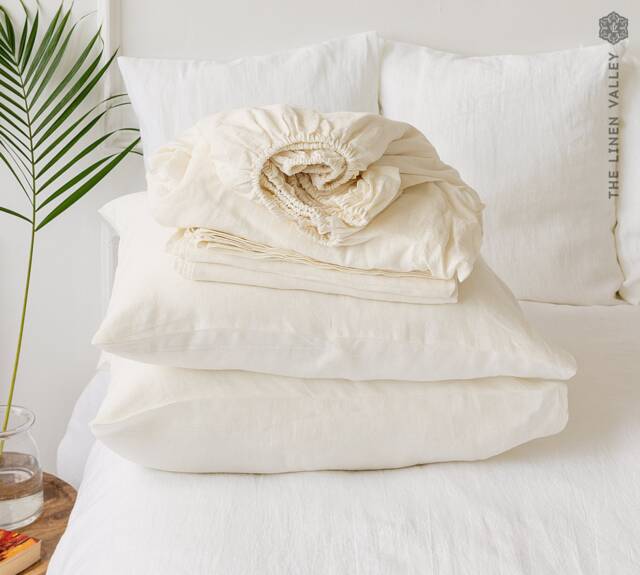 Off White Natural Linen Sheet Set - Fitted Sheet, Flat & Pillowcases- Breathable Eco Certified - image 1