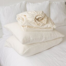 Off White Natural Linen Sheet Set - Fitted Sheet, Flat & Pillowcases- Breathable Eco Certified - thumbnail 2