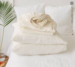 Off White Natural Linen Sheet Set - Fitted Sheet, Flat & Pillowcases- Breathable Eco Certified