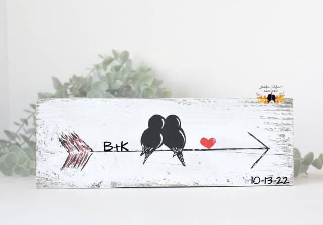 Wooden Valentines Gift For Her, Eco Friendly 5Th Anniversary Gift, Birds On An Arrow Wood Wall Decor, Reclaimed Art, Love Bird Painting - image 1