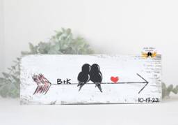 Wooden Valentines Gift For Her, Eco Friendly 5Th Anniversary Gift, Birds On An Arrow Wood Wall Decor, Reclaimed Art, Love Bird Painting - thumbnail 1